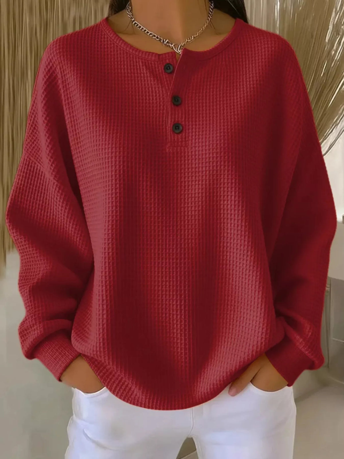 Full Size Waffle Knit Button Detail