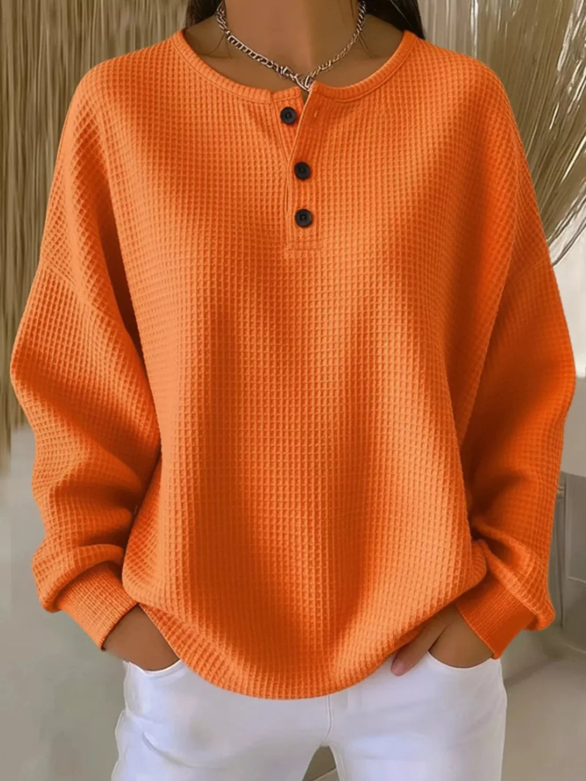 Full Size Waffle Knit Button Detail