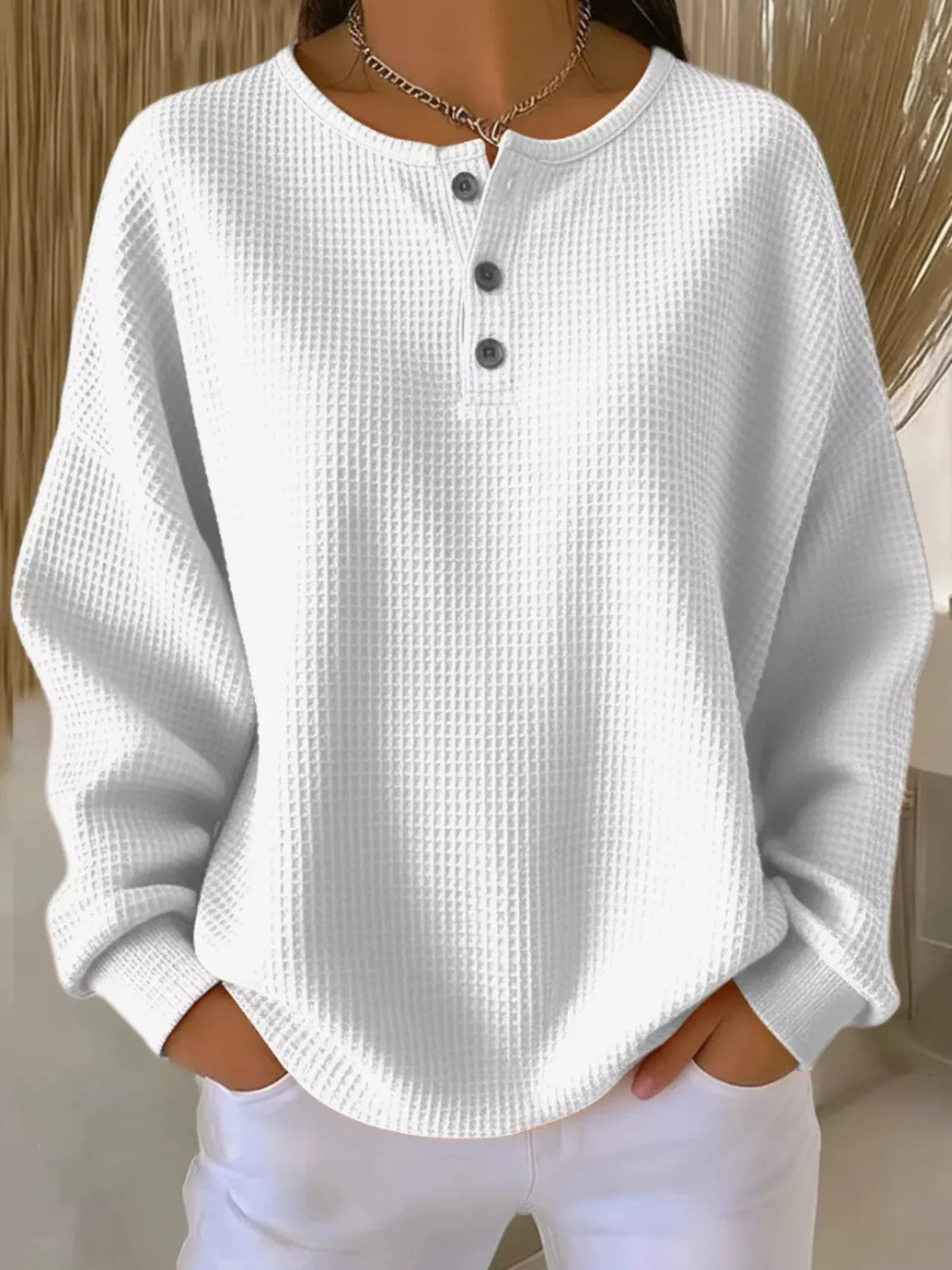 Full Size Waffle Knit Button Detail