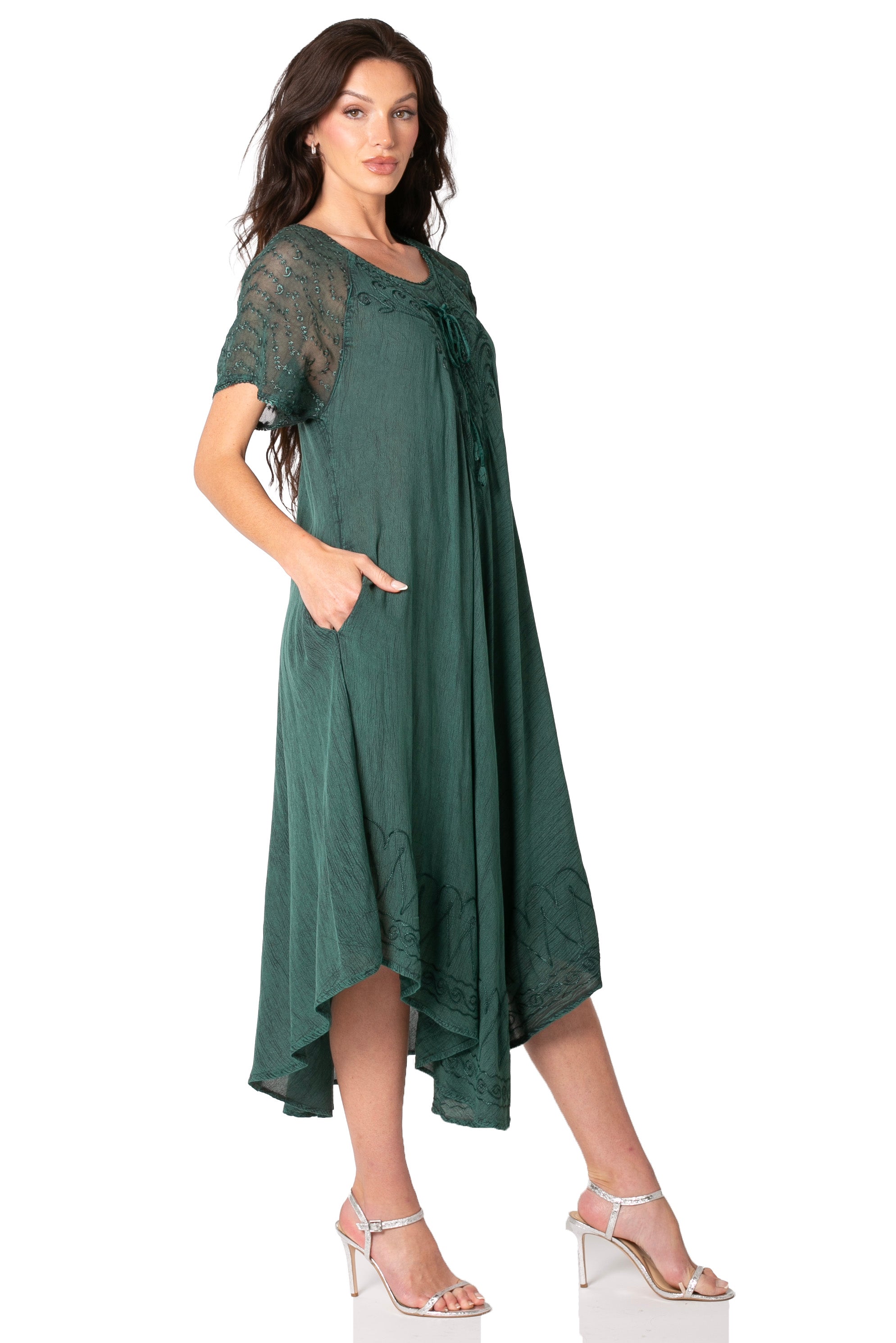 Sakkas Egan Women's Long Embroidered Caftan Dress / Cover Up With Embroidered Cap Sleeves