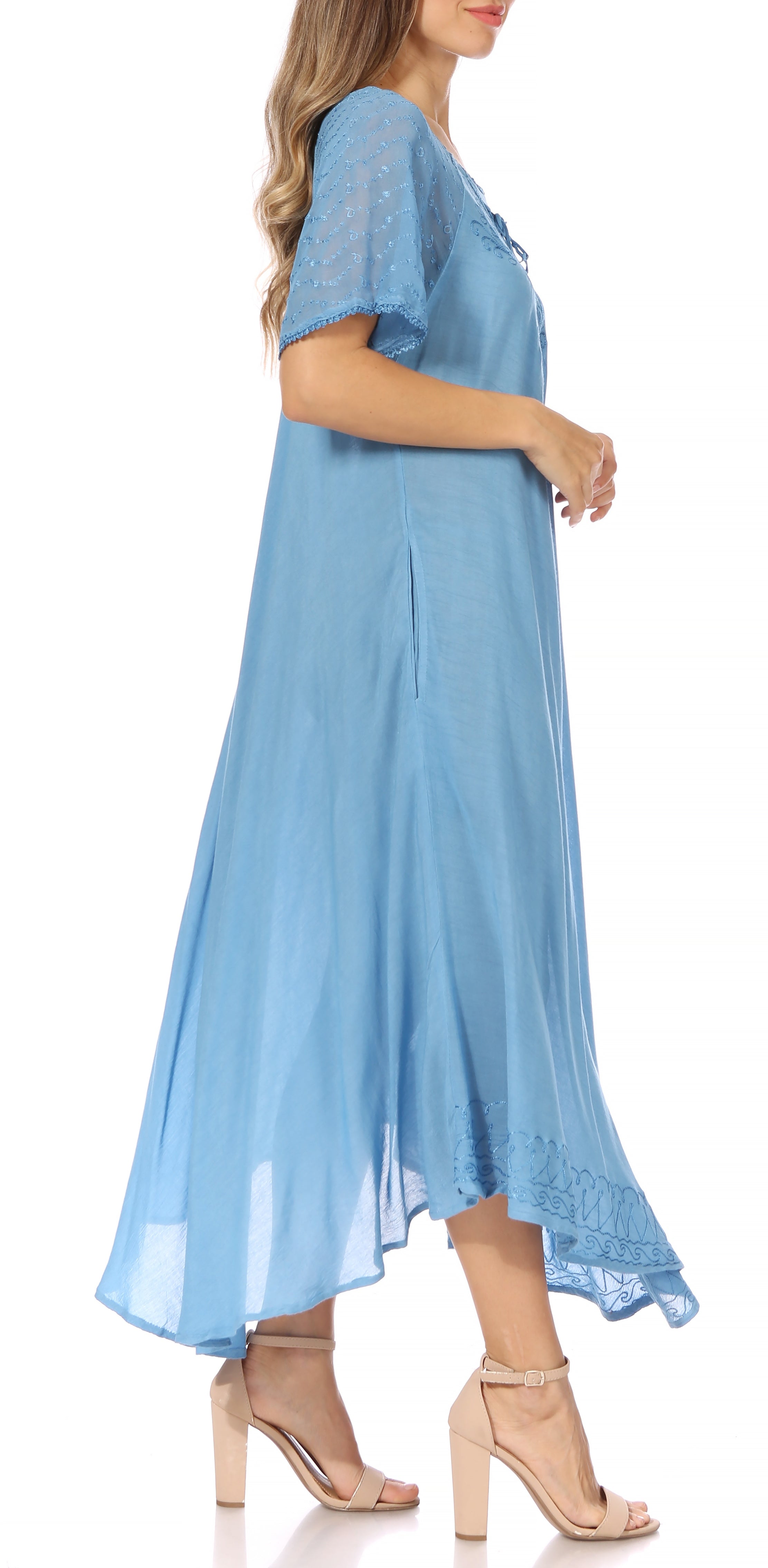 Sakkas Egan Women's Long Embroidered Caftan Dress / Cover Up With Embroidered Cap Sleeves