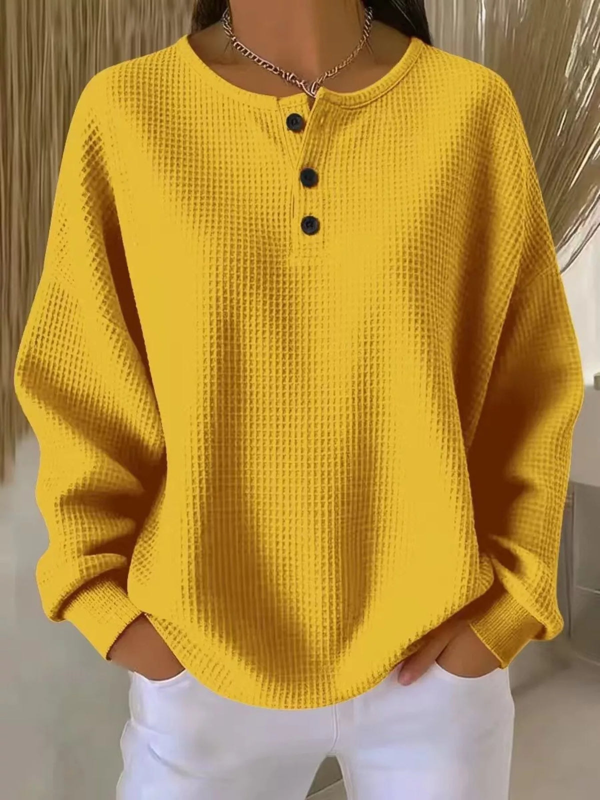 Full Size Waffle Knit Button Detail