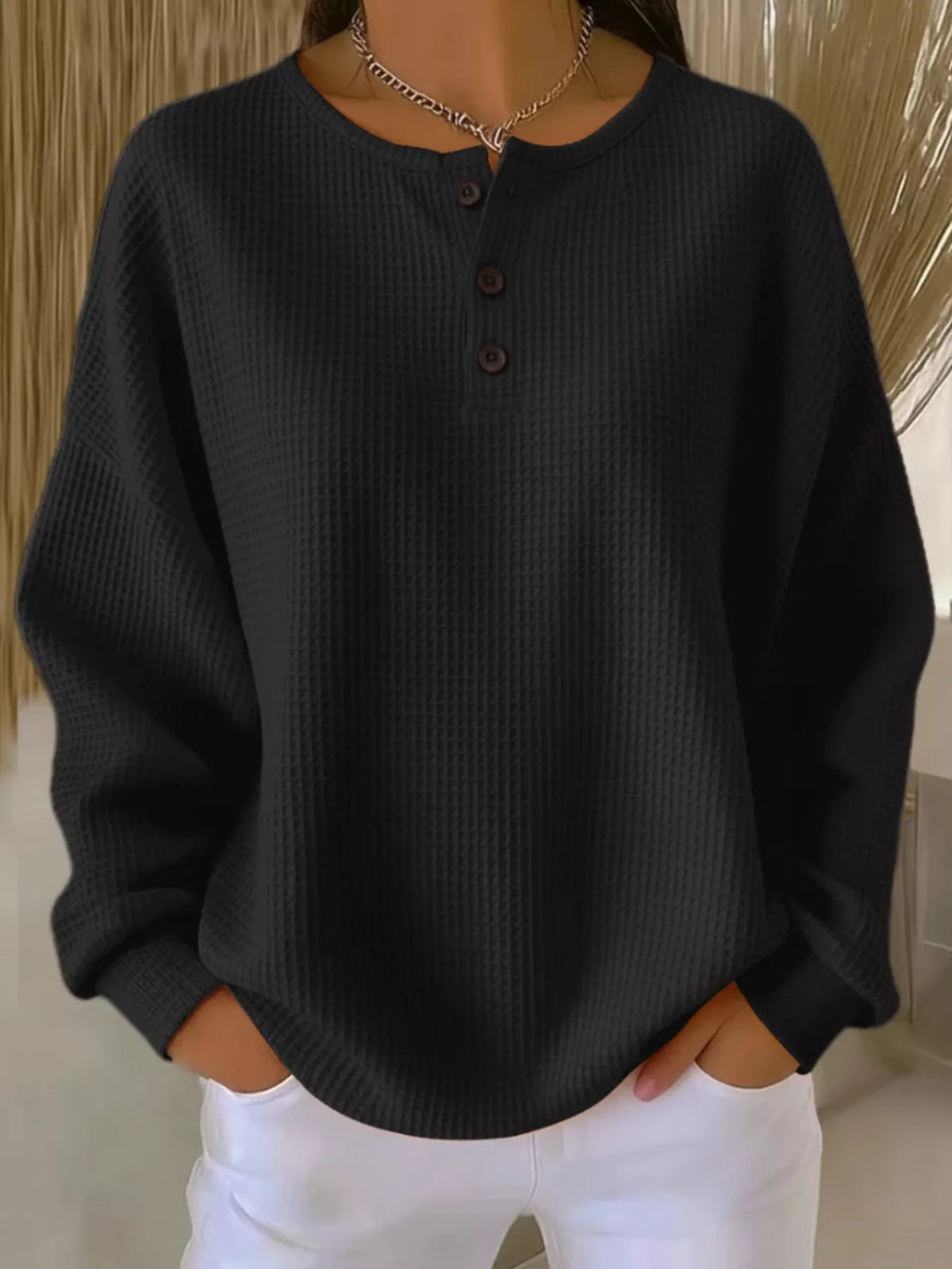 Full Size Waffle Knit Button Detail